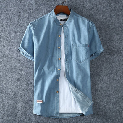 Men&#39;s Blue Denim Shirts Short Sleeve Jean Shirts New Summer High Quality Men Cotton Light Blue Denim Shirts Plus size L-8XL