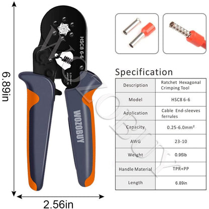 Ferrule Crimping Tool Kit, Hexagonal sawtooth Self-adjustable Ratchet Wire Terminals Crimper Kit with Wire Terminals kits