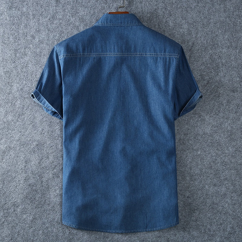 Men&#39;s Blue Denim Shirts Short Sleeve Jean Shirts New Summer High Quality Men Cotton Light Blue Denim Shirts Plus size L-8XL