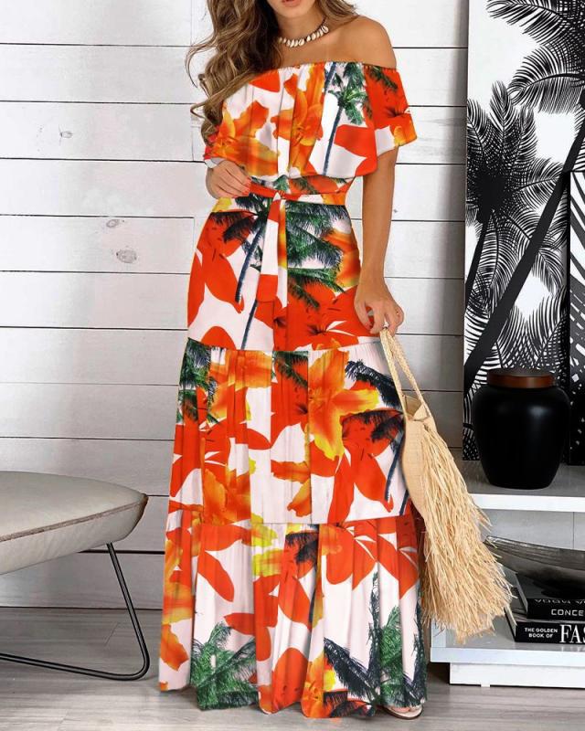 2022 New Fashion Leopard Robe Print Long Dress Ruffle Maxi Sundress Bohemian Women Summer Sexy Casual Elegant Strapless Vestidos