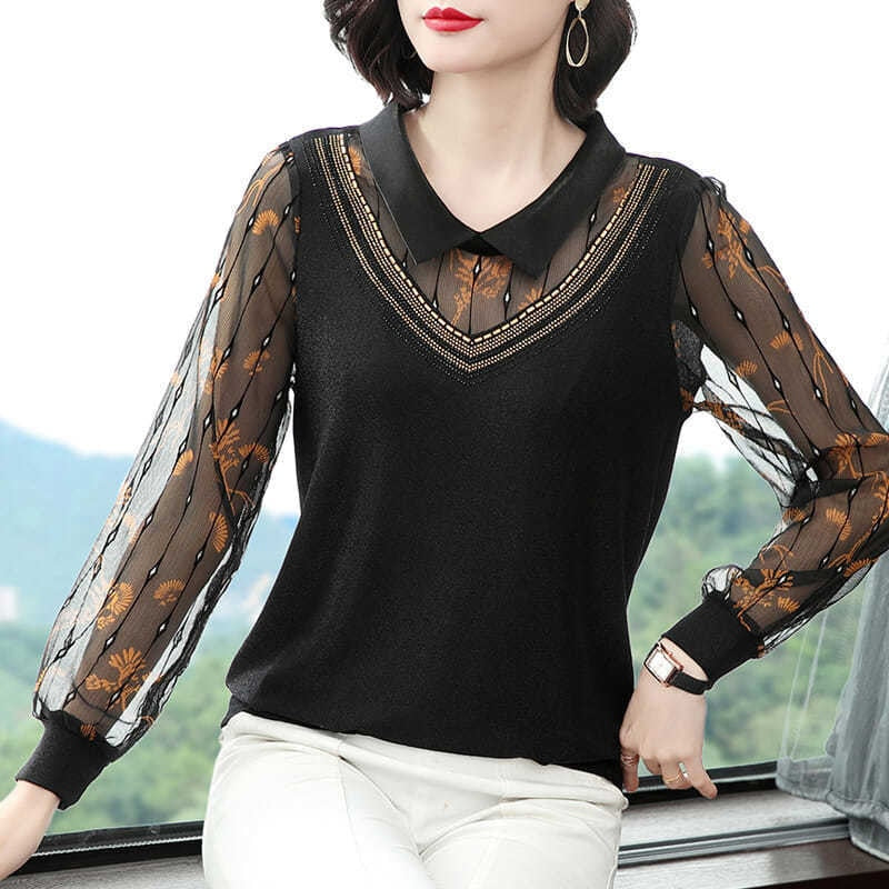Women Spring Autumn Style Mesh Lace Blouses Shirts Lady Casual Long Sleeve Peter Pan Collar Patchwork Blusas Tops ZZ0656