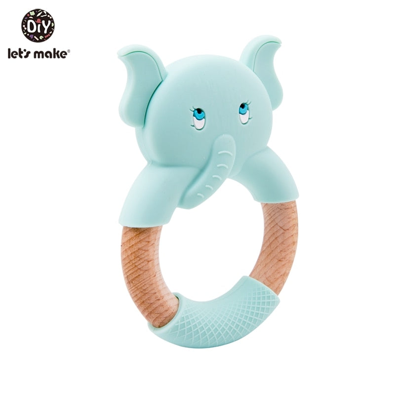 Let&#39;s Make 1pc Baby Silicone Teether Cartoon Elephant Teething Toy Beech Wood Ring Infant Comfort Toys Baby Teether