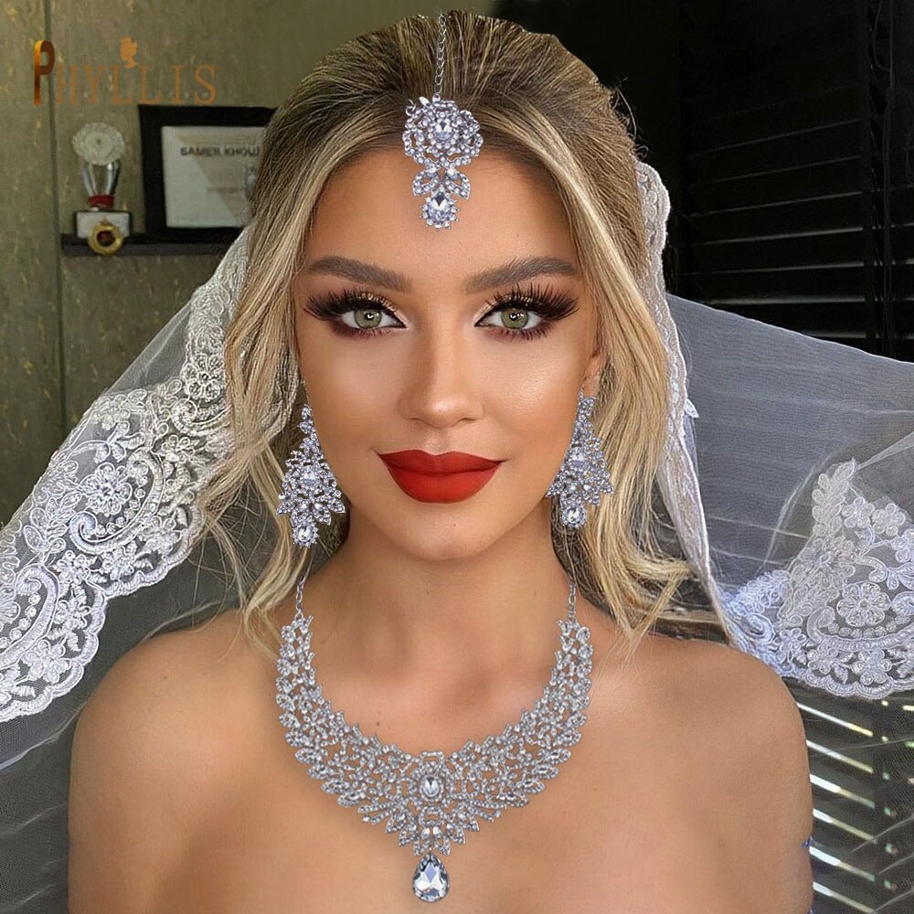 C30 Wedding Forehead Chain Necklace Earrings Set Dubai Jewelery Set Gifts for Women Indian African Bridal Hair Accessories