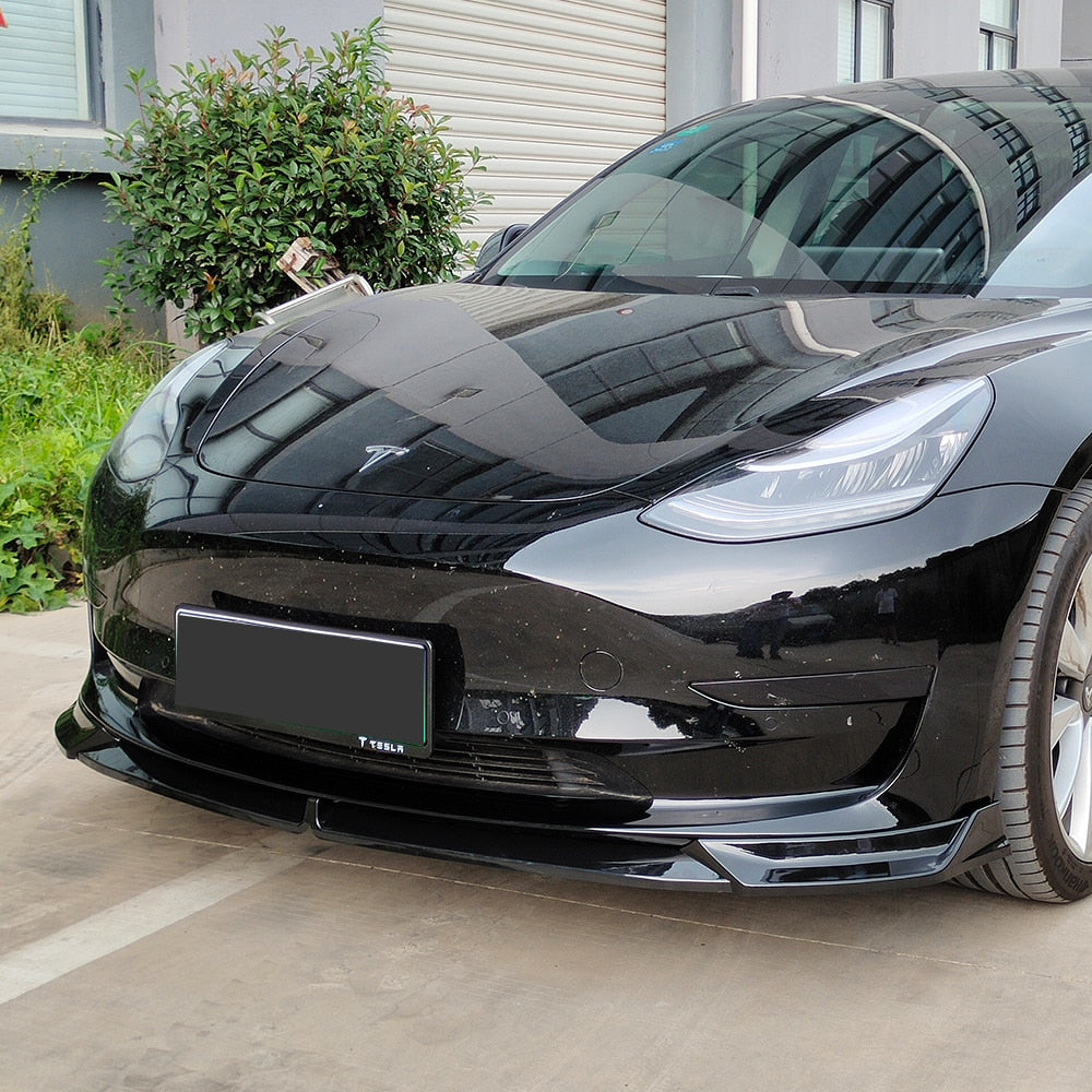 New Car Front Bumper Lip Spoiler Chin Splitter For Tesla Model 3 2019 20 21 Black Carbon PP Material 3Pcs/Set Tuning Accessories