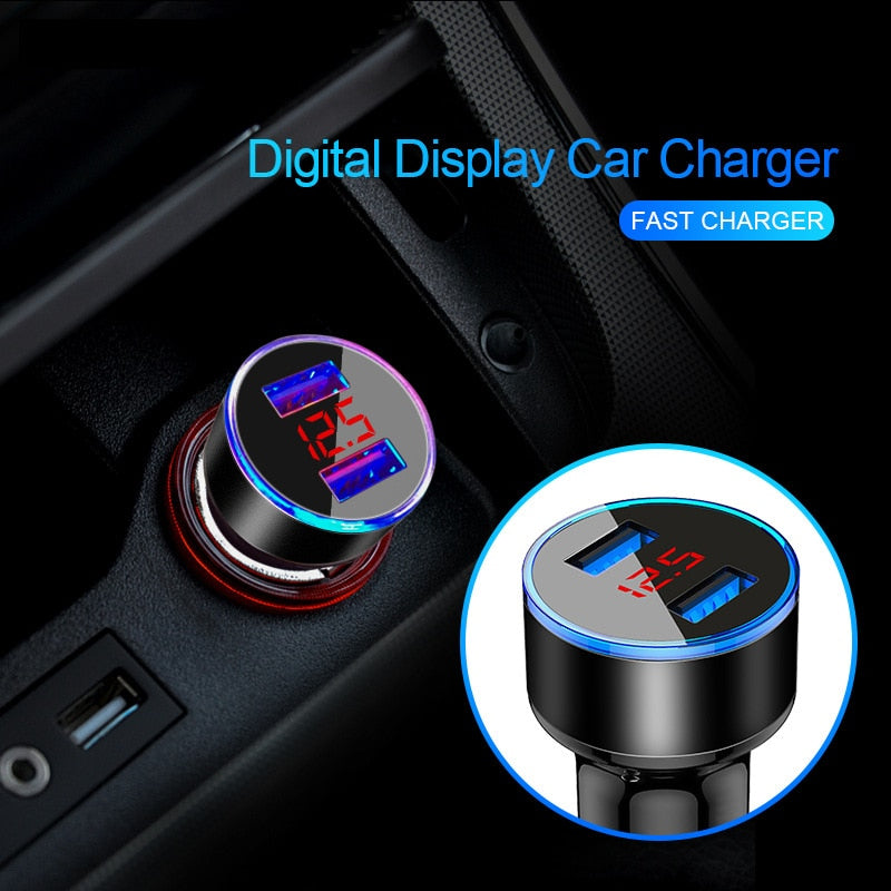 Car Charger For Cigarette Lighter Smart Phone USB Adapter Mobile Phone Charger Dual USB Digital Display Voltmeter Fast Charging