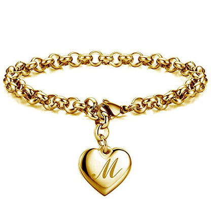 Initial Charm Gold-Color Bracelets Stainless Steel Heart 26 Letters Alphabet Bracelet for Women Girls Kids Gifts