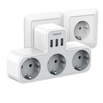 TESSAN EU Wall Socket Extender with 3 AC Outlets and 3 USB Ports 5V 2.4A Power Strip Adapter Overload Protection for Home/Office