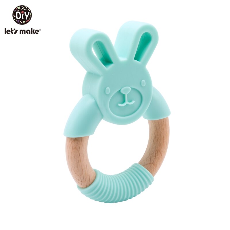 Let&#39;s Make 1pc Baby Silicone Teether Cartoon Elephant Teething Toy Beech Wood Ring Infant Comfort Toys Baby Teether