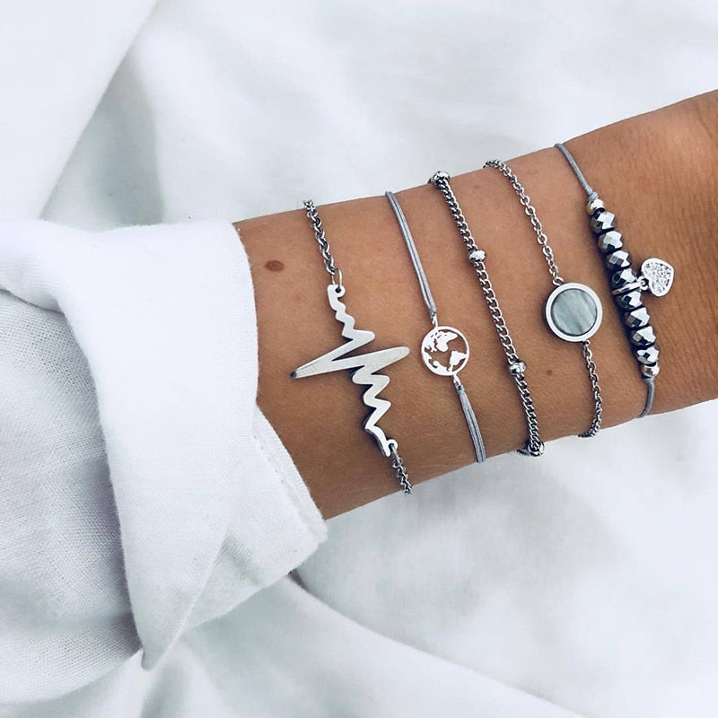 Boho Geometric Bracelet &amp; Bangle Sets For Women Vintage Star Map Hand Heart charm Beads Chains Fashion Jewelry Accessories