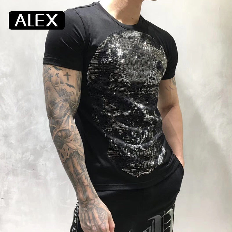 100% cotton men tshirt maker skull strysal rhinestones funny streetwear crew neck short sleeve homme men clothing summer