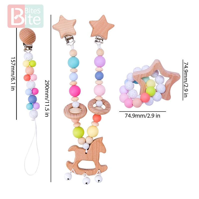 Bite Bites 1set Baby Wooden Teether Pacifier Clip Chain Beech Rodent Ring Baby Nursing Rattle Food Grade Perle Silicone Bead Toy