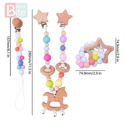 Bite Bites 1set Baby Wooden Teether Pacifier Clip Chain Beech Rodent Ring Baby Nursing Rattle Food Grade Perle Silicone Bead Toy