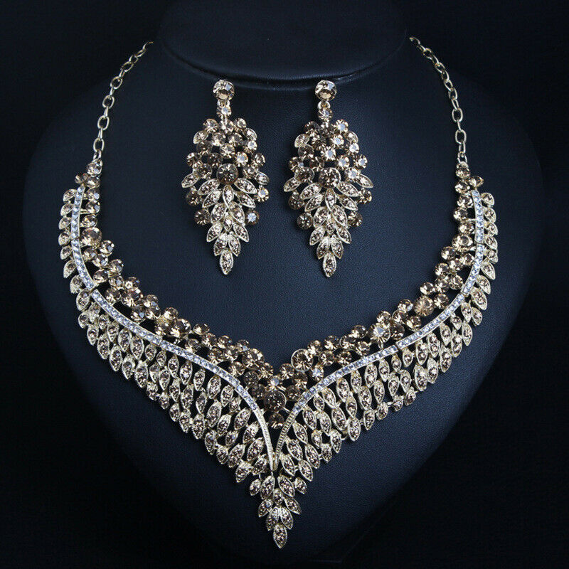 New Crystal Statement Necklace Earrings Set Fashion Women Rhinestone Choker Jewelry Sets Indian Bridal Wedding Costume Jewellery