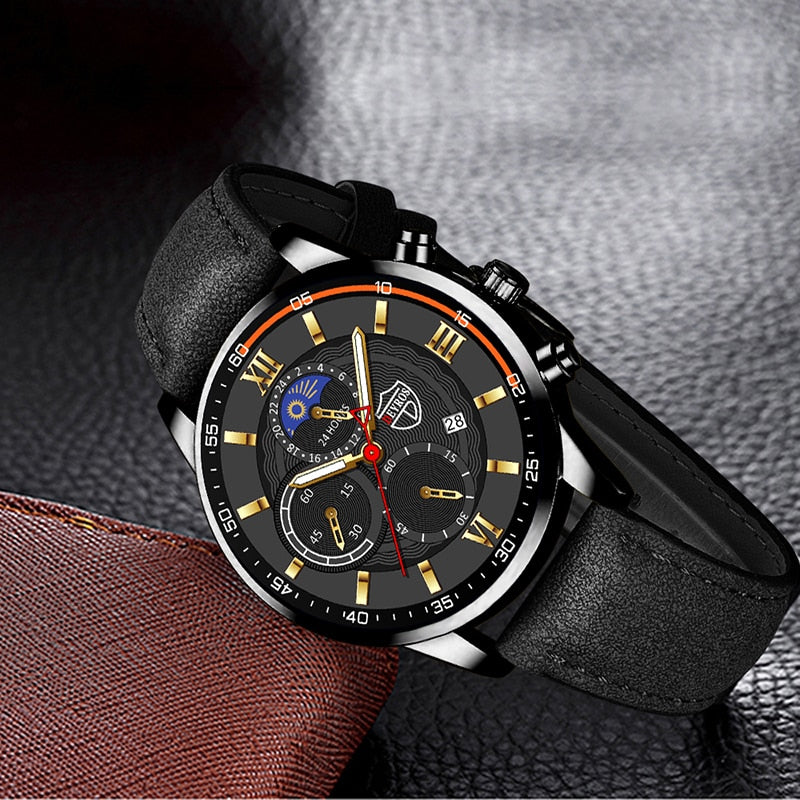 Fashion Mens Sports Watches Man Business Quartz Wristwatch Luxury Black Leather Bracelet Men Casual Luminous Clock Watch