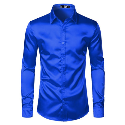 Royal Blue Silk Satin Shirt Men 2023 Luxury Brand New Slim Fit Mens Dress Shirts Wedding Party Casual Male Casual Shirt Chemise