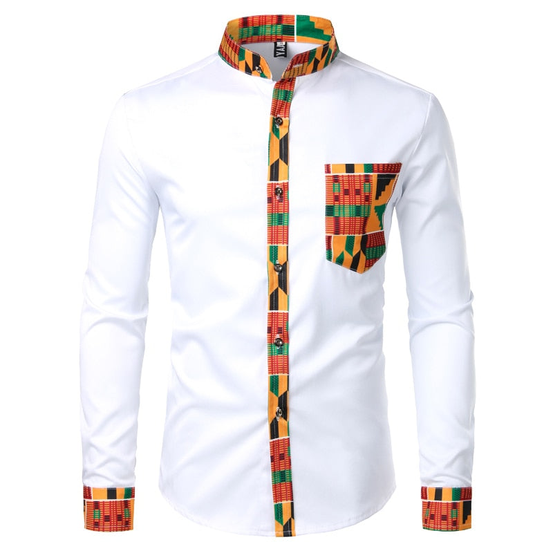 Dashiki African Mens Shirt Patchwork Pocket Africaine Print Shirt Men Ankara Style Long Sleeve Design Collar Mens Dress Shirts