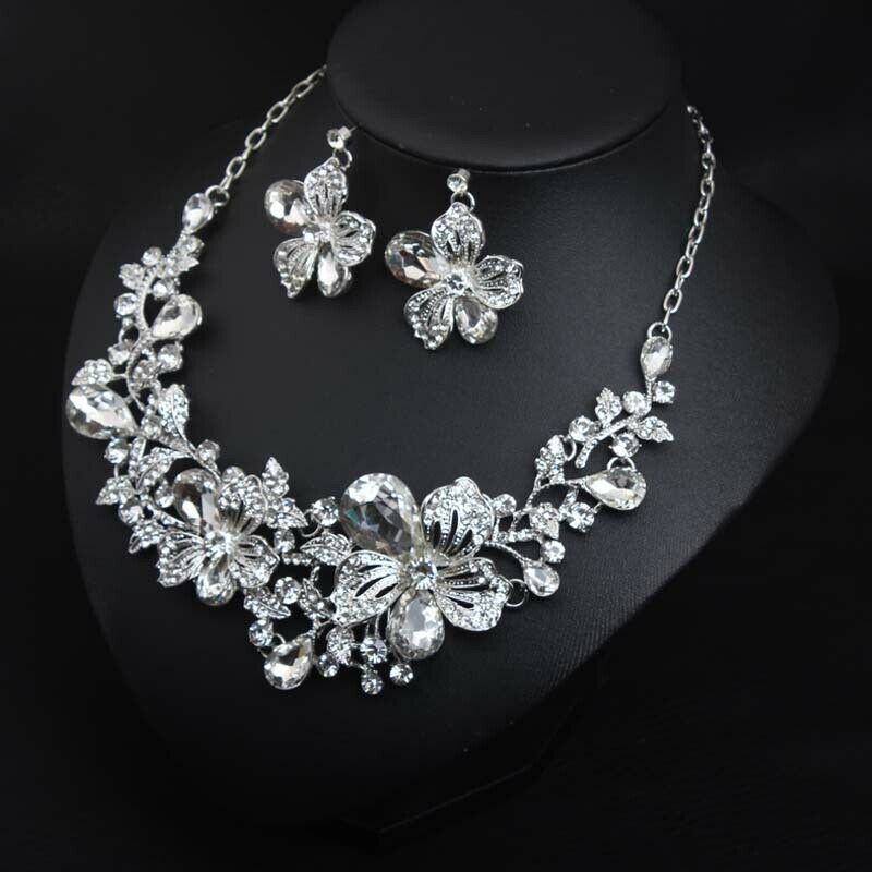 Fashion Multicolor Flower Necklace Earring Set Bridal Crystal Jewelry Sets Statement Choker Fashion Rhinestone Bib Wedding Party