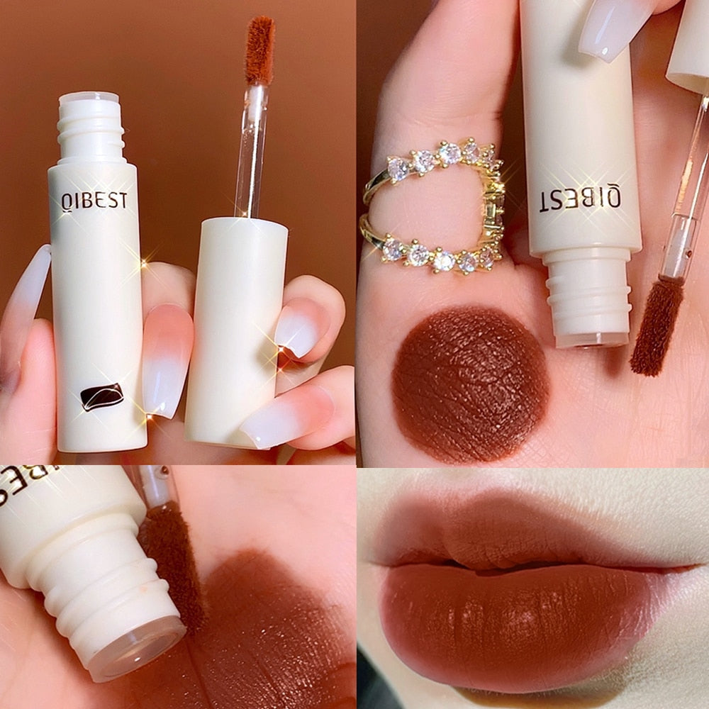 QIBEST Lip Gloss 8 Colors Nude Matte Chocolate Lipstick Waterproof Long Lasting Women Red Lip Tint Velvet Lip Glaze Cosmetics