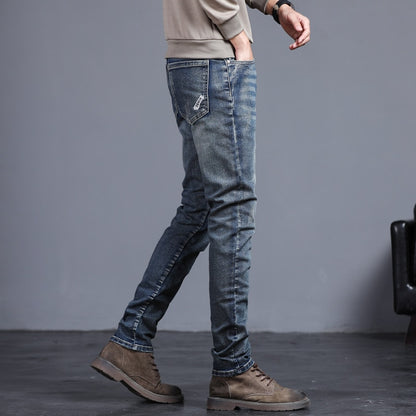 2023 New Spring Summer Men&#39;s Jeans Vintage Blue Solid Color Elastic Classic Jeans Men Slim Fashion Denim Trousers Male 27-38