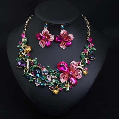 Fashion Multicolor Flower Necklace Earring Set Bridal Crystal Jewelry Sets Statement Choker Fashion Rhinestone Bib Wedding Party