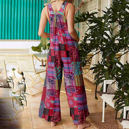 Women Ethnic Style  Jumpsuits Summer Overalls Multicolor  Square Neck Sleeveless Casual Rompers with Pockets for Girls Playsuit