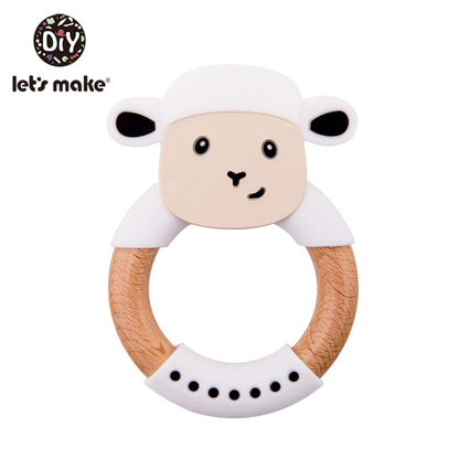 Let&#39;s Make 1pc Baby Toys Silicone Baby Teether Beech Wooden Ring Hand Teething Rattles Musical Chew Play Gym Montessori Stroller