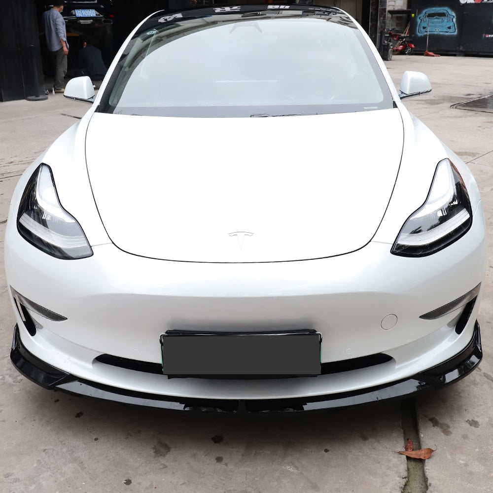 New Car Front Bumper Lip Spoiler Chin Splitter For Tesla Model 3 2019 20 21 Black Carbon PP Material 3Pcs/Set Tuning Accessories