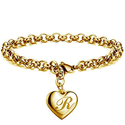 Initial Charm Gold-Color Bracelets Stainless Steel Heart 26 Letters Alphabet Bracelet for Women Girls Kids Gifts