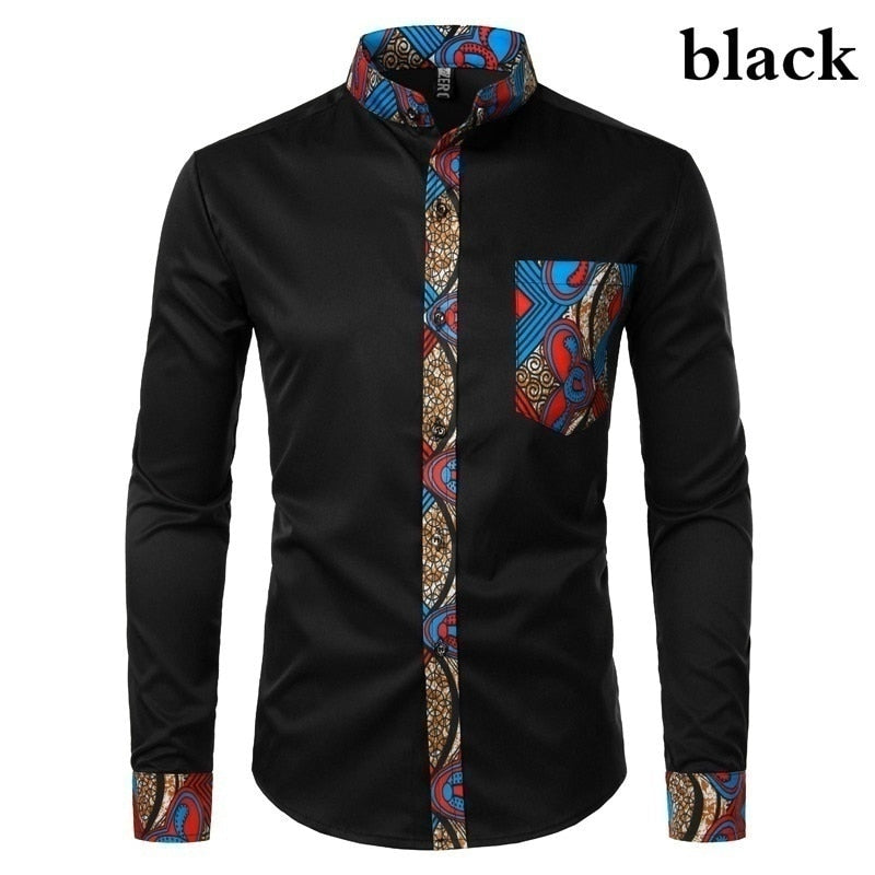 Dashiki African Mens Shirt Patchwork Pocket Africaine Print Shirt Men Ankara Style Long Sleeve Design Collar Mens Dress Shirts