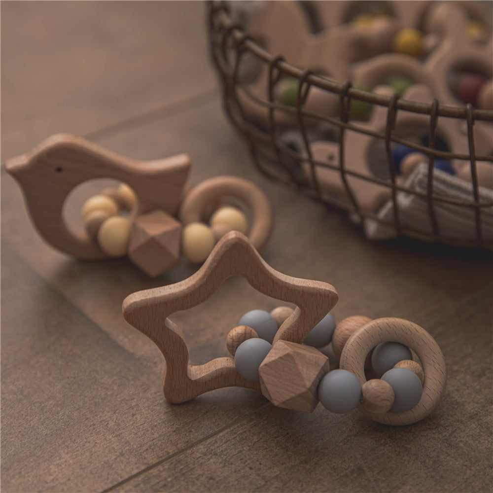 Wooden Toys Baby Animals Bracelets Beech Teether Silicone Beads Teething Wood Rattles Toys Infant Nursing Gift For Newborn