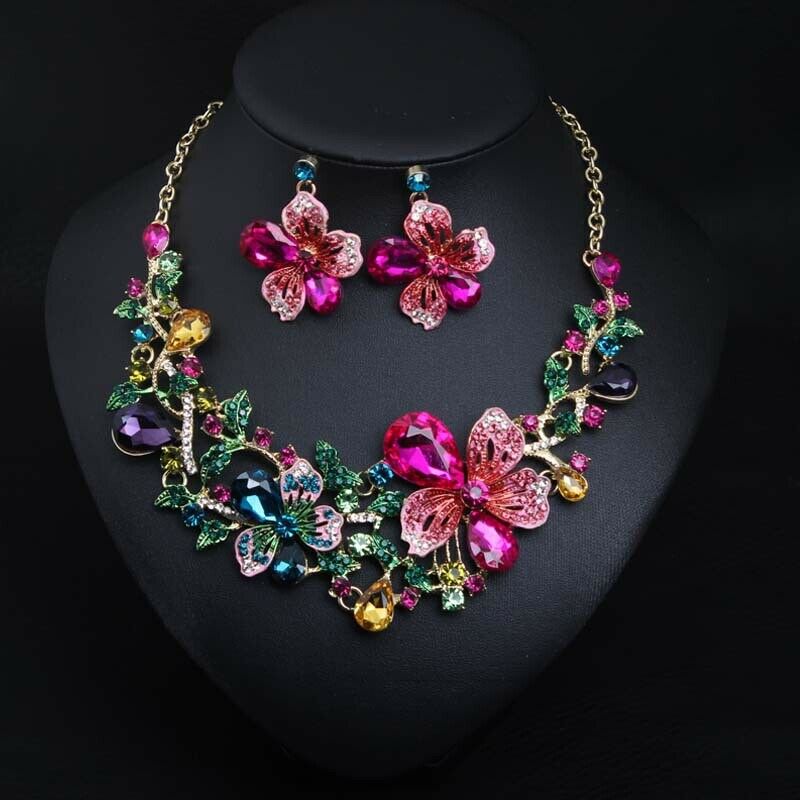 Fashion Multicolor Flower Necklace Earring Set Bridal Crystal Jewelry Sets Statement Choker Fashion Rhinestone Bib Wedding Party