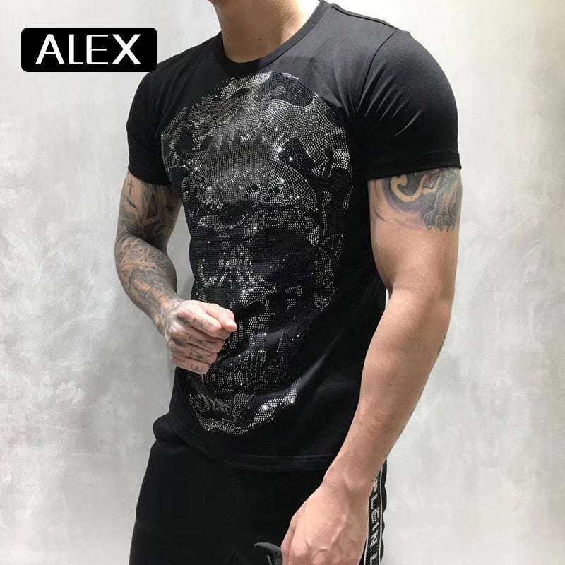 100% cotton men tshirt maker skull strysal rhinestones funny streetwear crew neck short sleeve homme men clothing summer