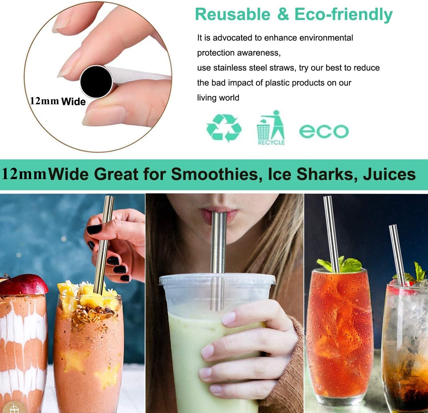 4Pcs Colorful 12mm Reusable Metal Boba Straws with 2 Brush 304 Stainless Steel Straws Set Bar Drinking Bent Straw for Bubble Tea