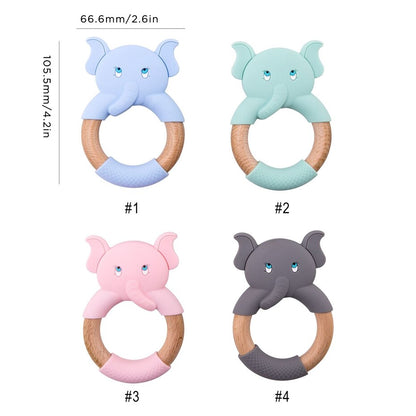 Let&#39;s Make 1pc Baby Silicone Teether Cartoon Elephant Teething Toy Beech Wood Ring Infant Comfort Toys Baby Teether