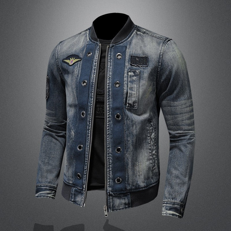 Men Vintage Stand Collar Pilot Coat Denim Bomber Jacket Plus Size 5XL Slim Fit Zipper Jean Outerwear Fashion Mens Biker Jackets