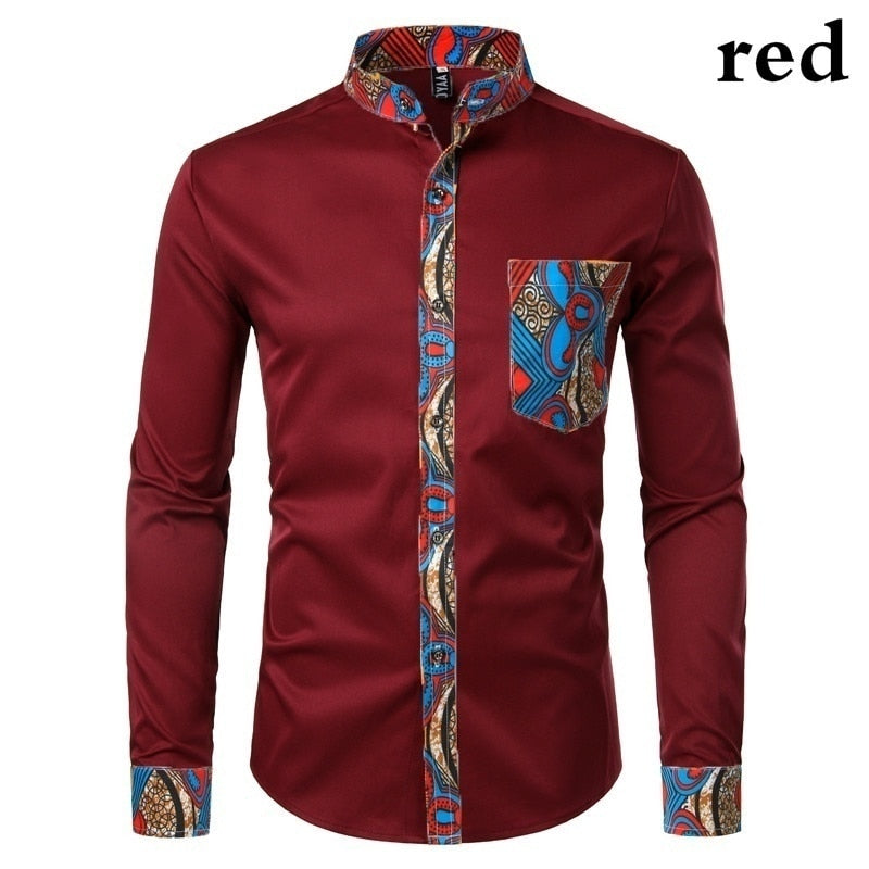 Dashiki African Mens Shirt Patchwork Pocket Africaine Print Shirt Men Ankara Style Long Sleeve Design Collar Mens Dress Shirts