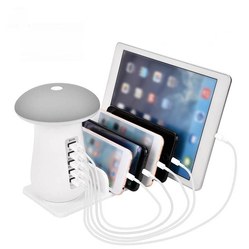 Multiple USB Phone Charger Mushroom Night Lamp Charging 5 Ports Station Stand Dock QC 3.0 Quick Charger for Mobile Tablet