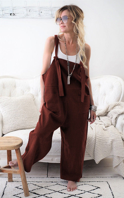 Rompers 2020 New Brand Women Casual Loose Cotton Linen Solid Pockets Jumpsuit Overalls Wide Leg Cropped Pants hot