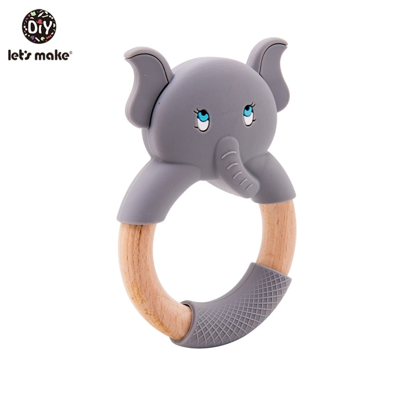 Let&#39;s Make 1pc Baby Silicone Teether Cartoon Elephant Teething Toy Beech Wood Ring Infant Comfort Toys Baby Teether