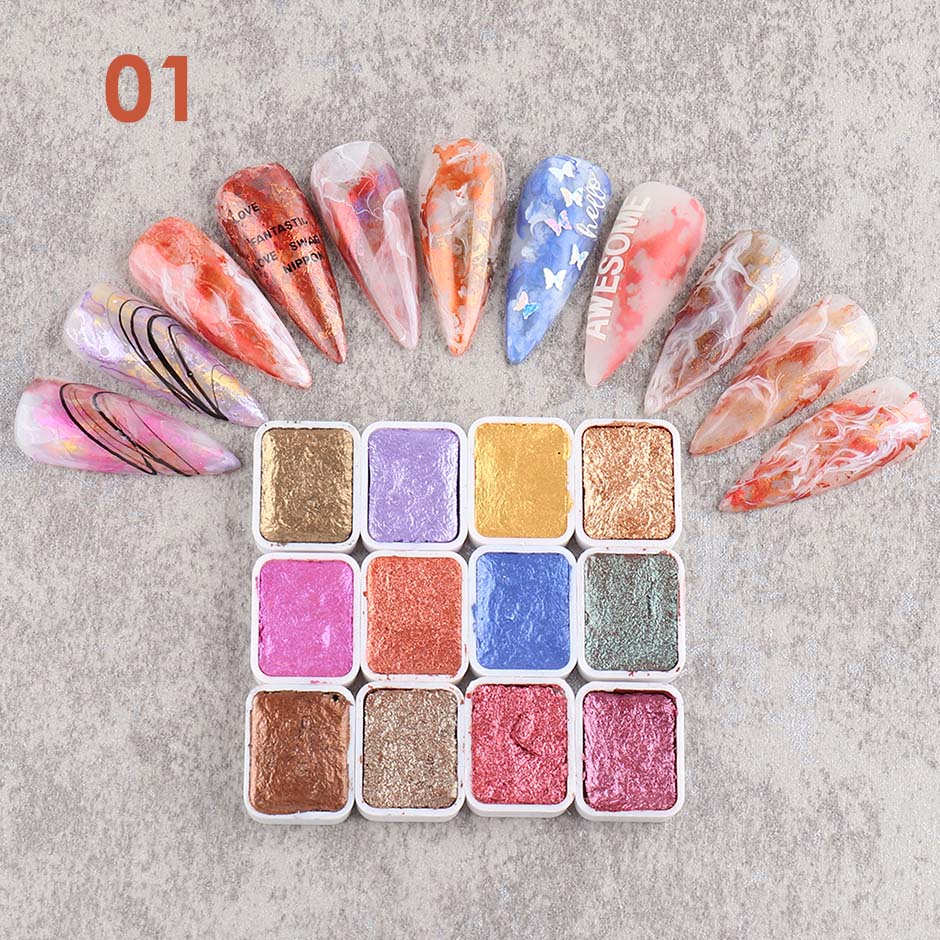 Nail Art Pigment Glitter Set Solid Metallic Watercolor Paint Chrome Powder Gradient Marble Effect Shimmer Manicure Dust NT1915