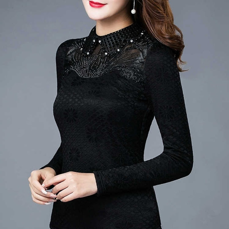 Women Spring Autumn Style Lace Blouses Shirts Lady Casual Long Sleeve Stand Collar Lace Blusas Tops DD8044