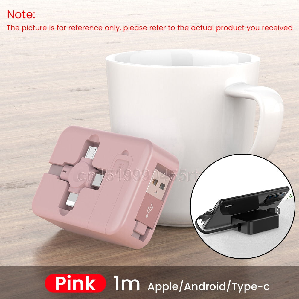 4 In 1 Retractable 8 Pin/USB Type C/Micro USB Cable For iPhone14 13 Pro 1m Mobile Phone Charger Data Kable Cord With Phone Stand