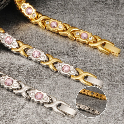 Magnetic Bracelet Women Pink Crystal Gold-color Stainless Steel Bracelet Women Cross Health Energy Magnetic Bracelets for Women