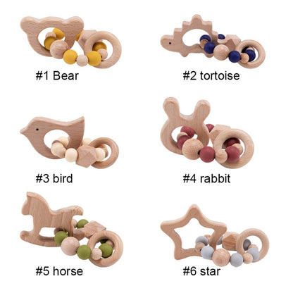 Wooden Toys Baby Animals Bracelets Beech Teether Silicone Beads Teething Wood Rattles Toys Infant Nursing Gift For Newborn