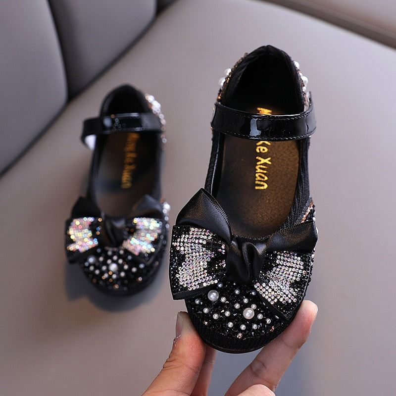 New Children Leather Shoes Rhinestone Bow Princess Girls Party Dance Shoes Baby Student Flats Kids Performance Shoes D785