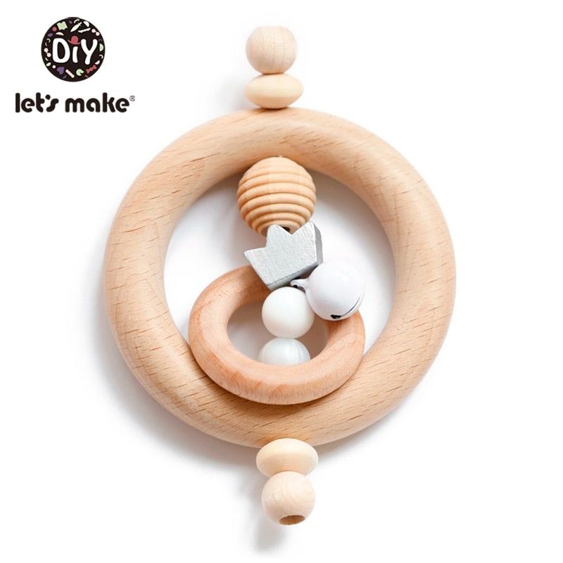 Let&#39;s Make 1pc Baby Toys Silicone Baby Teether Beech Wooden Ring Hand Teething Rattles Musical Chew Play Gym Montessori Stroller