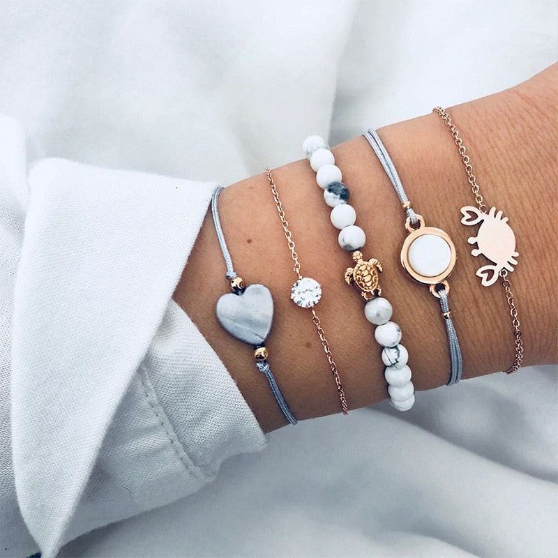 Boho Geometric Bracelet &amp; Bangle Sets For Women Vintage Star Map Hand Heart charm Beads Chains Fashion Jewelry Accessories