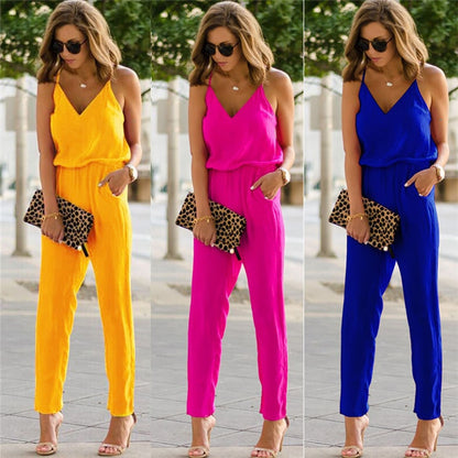 2023 Summer Jumpsuits Women Holiday Casual Sleeveless Fashion Ladies Solid Color Bodysuit Wide Leg Loose Long Pants Trousers