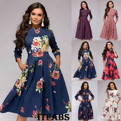 Eleghant Women Tunic Floral Dresses High Waist A-Line Dress Vintage Ladies O-Neck 3/4 Sleeved Pleated Flowers Autumn Dress