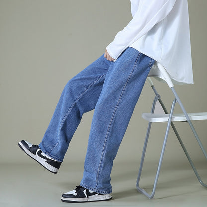 New Autumn Men Denim Wide-leg Pants Korean Style Straight Light Blue Baggy Jeans Elastic Waist Student Trousers Male Black Gray